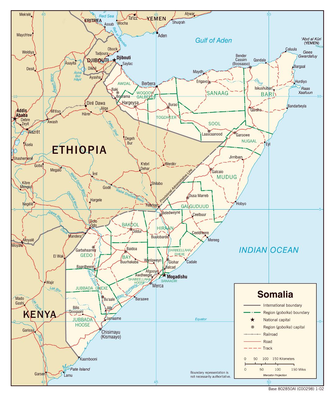 Большая политическая и административная карта Сомали с дорогами, железными дорогами и крупными городами - 2002