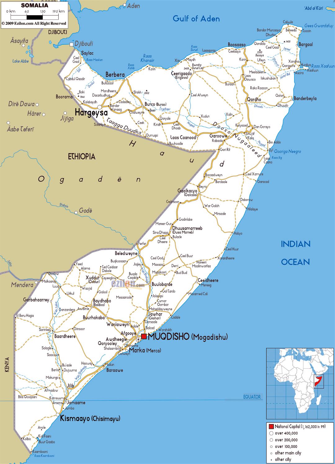 Большая карта дорог Сомали с городами и аэропортами