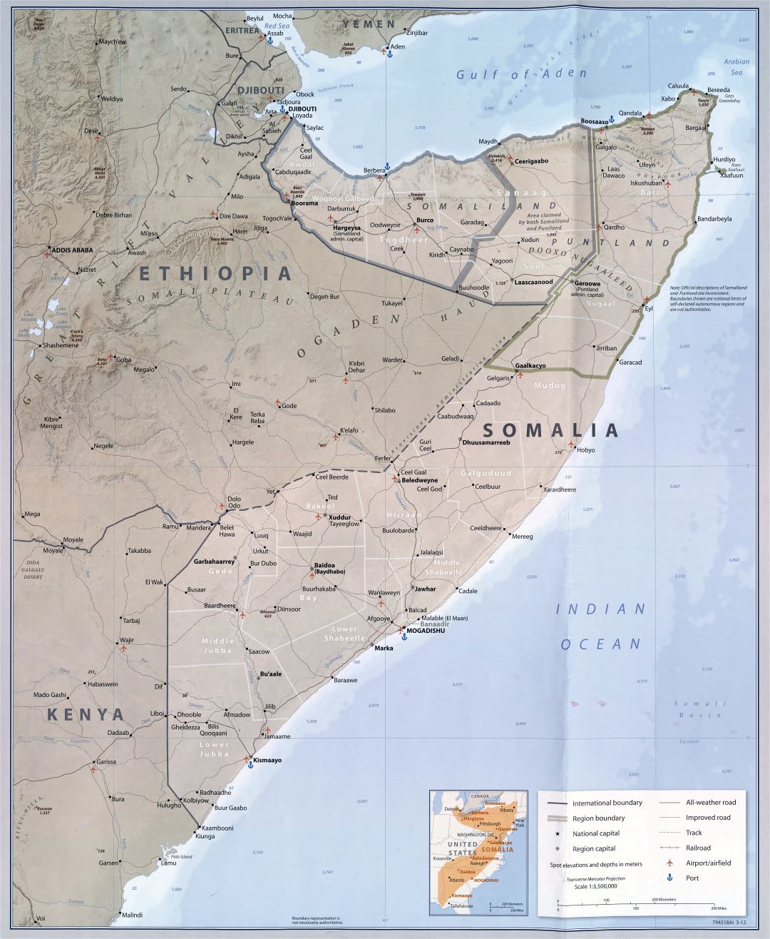 Крупномасштабная подробная политическая и административная карта Сомали с рельефом, дорогами, железными дорогами, городами, портами, аэропортами и другими пометками- 2012