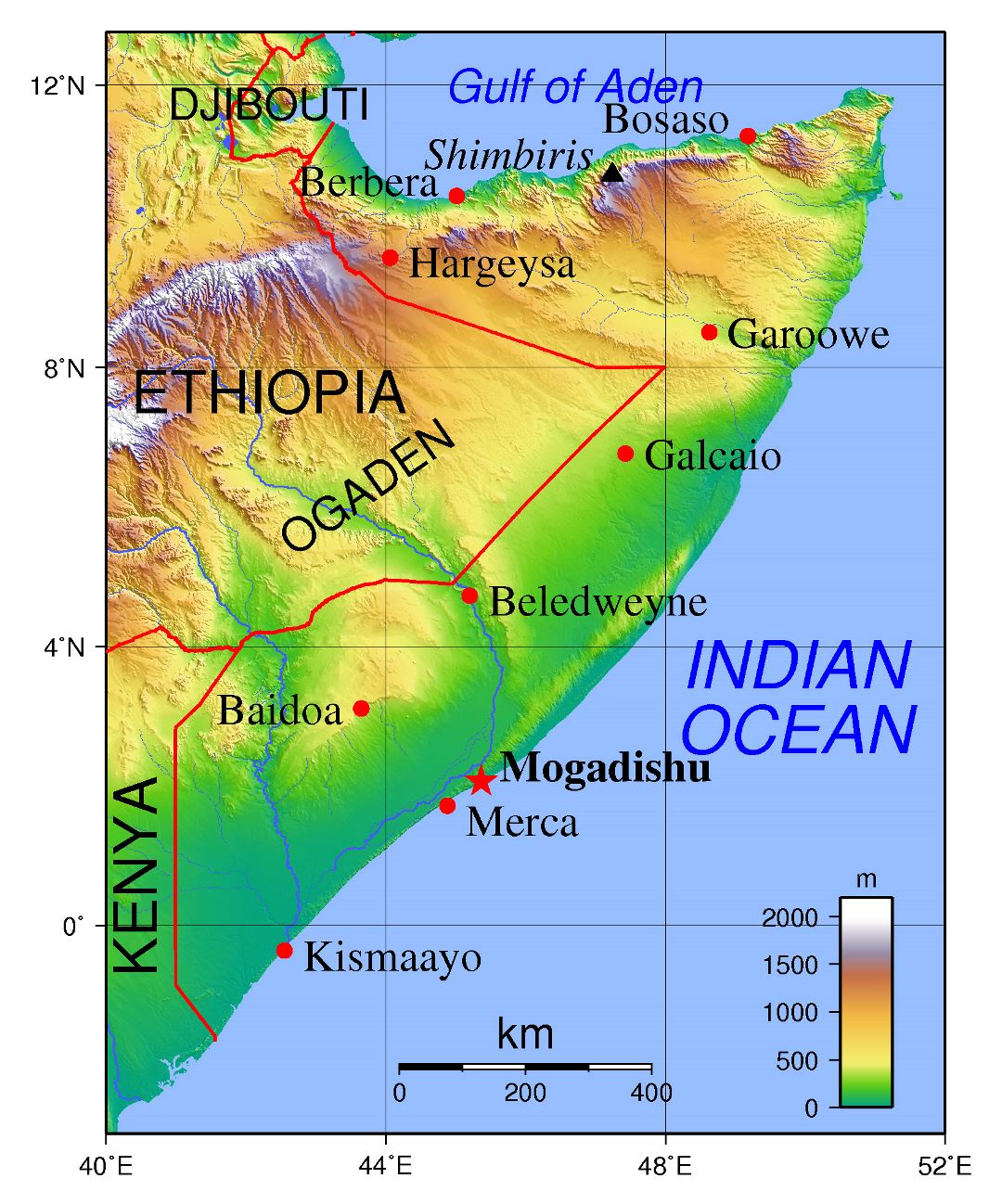 Большая топографическая карта Сомали с крупными городами