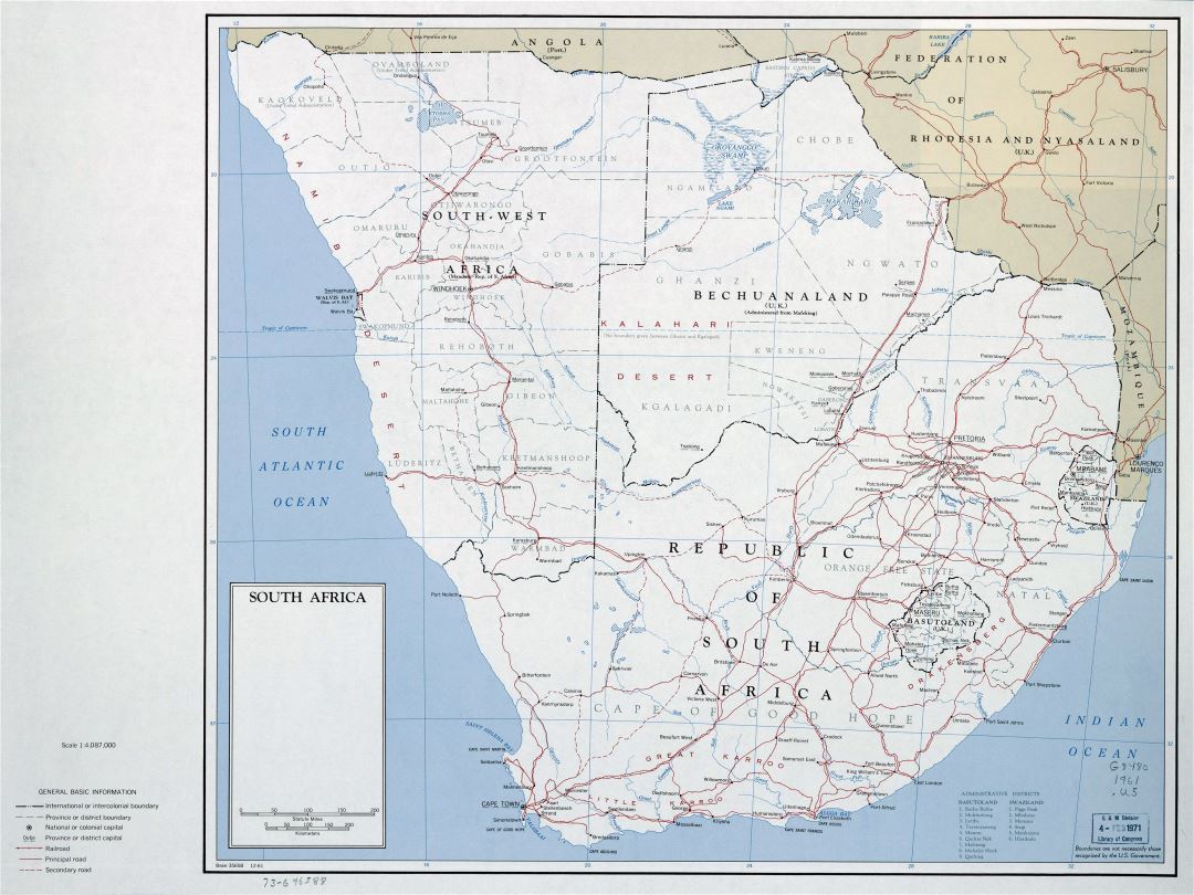 Большая подробная политическая карта Южной Африки с дорогами, железными дорогами и крупными городами - 1961