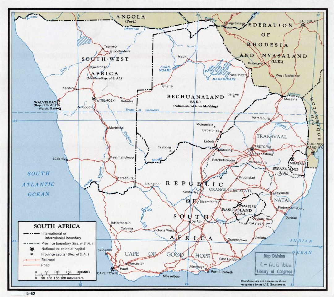 Большая детальная политическая карта Южной Африки с дорогами, железными дорогами и крупными городами - 1962