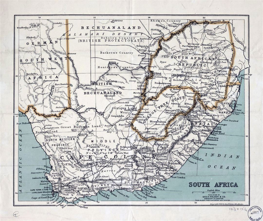 Большая старая политическая карта Южной Африки с рельефом - 1899