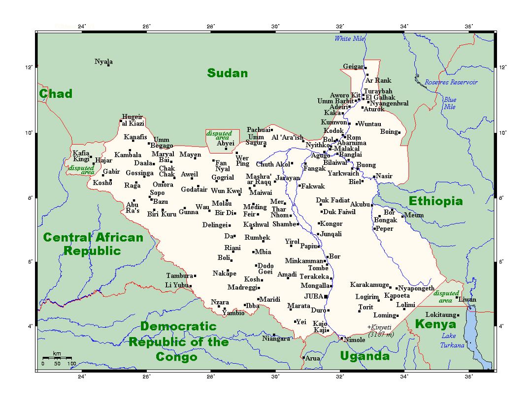 Детальная карта Южного Судана со всеми городами