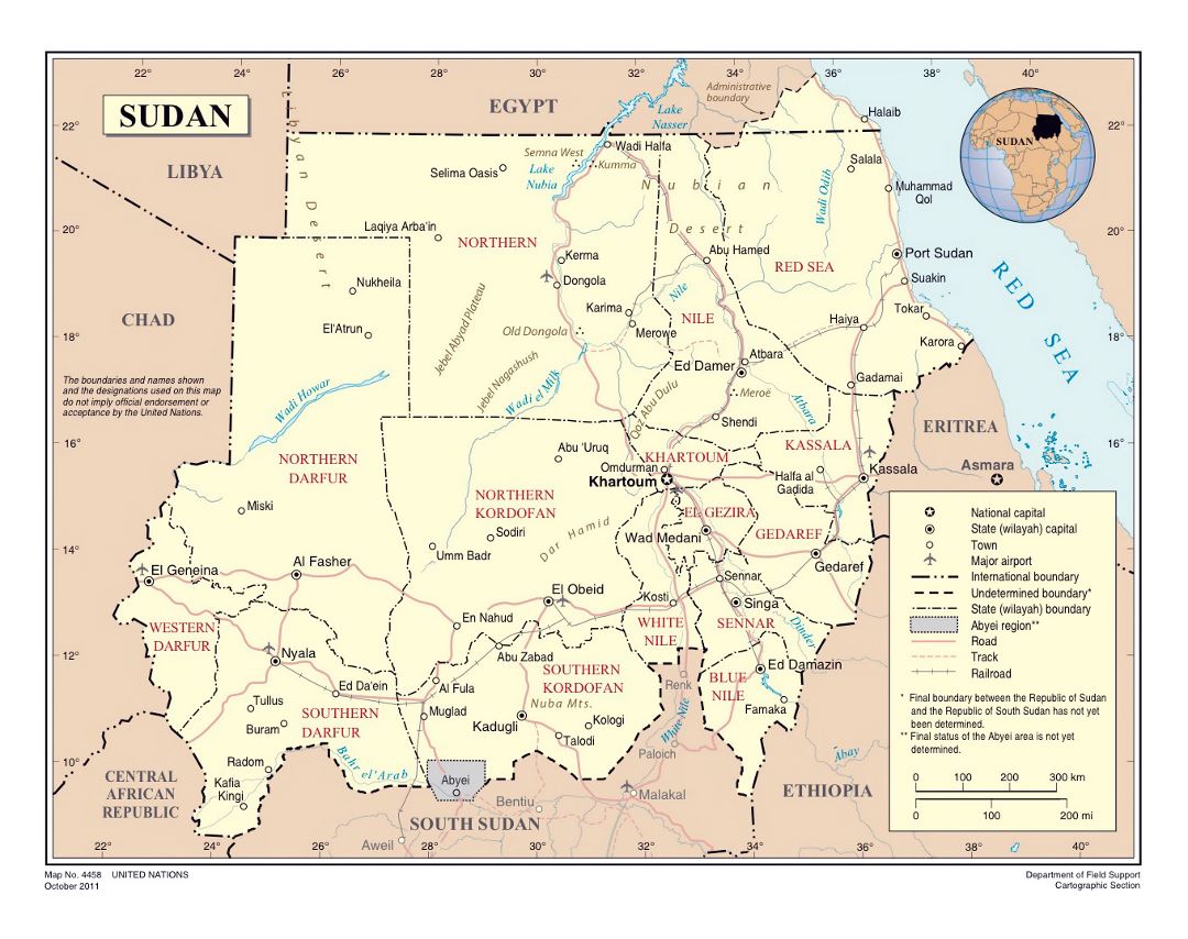 Детальная политическая и административная карта Южного Судана с дорогами, железными дорогами, городами и аэропортами