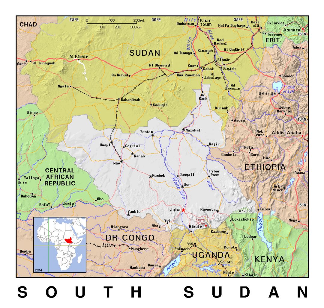 Детальная политическая карта Южного Судана с рельефом