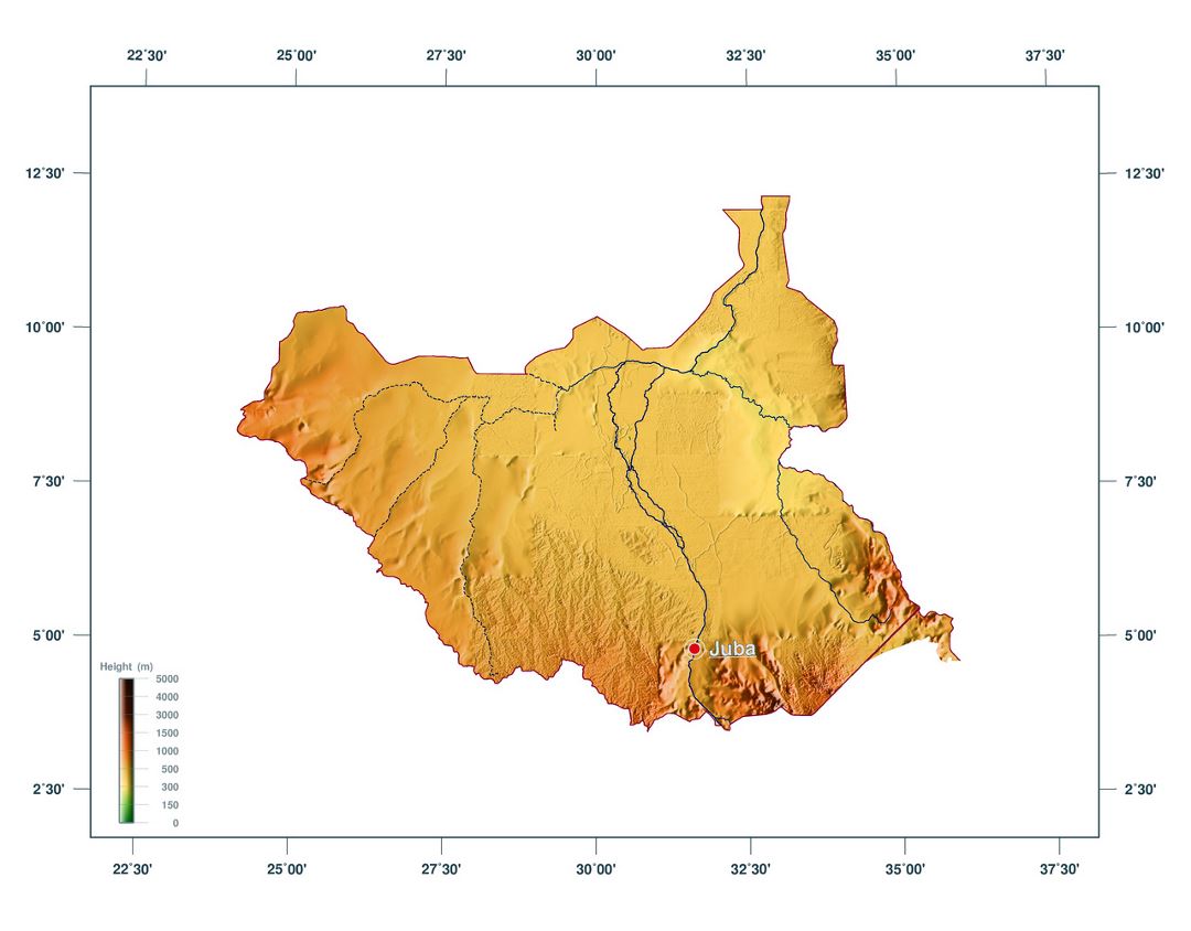 Большая карта высот Южного Судана