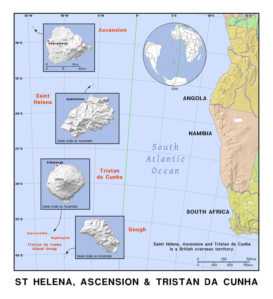 Детальная карта островов Вознесения, Святой Елены, Тристан-да-Кунья и Гоф с рельефом