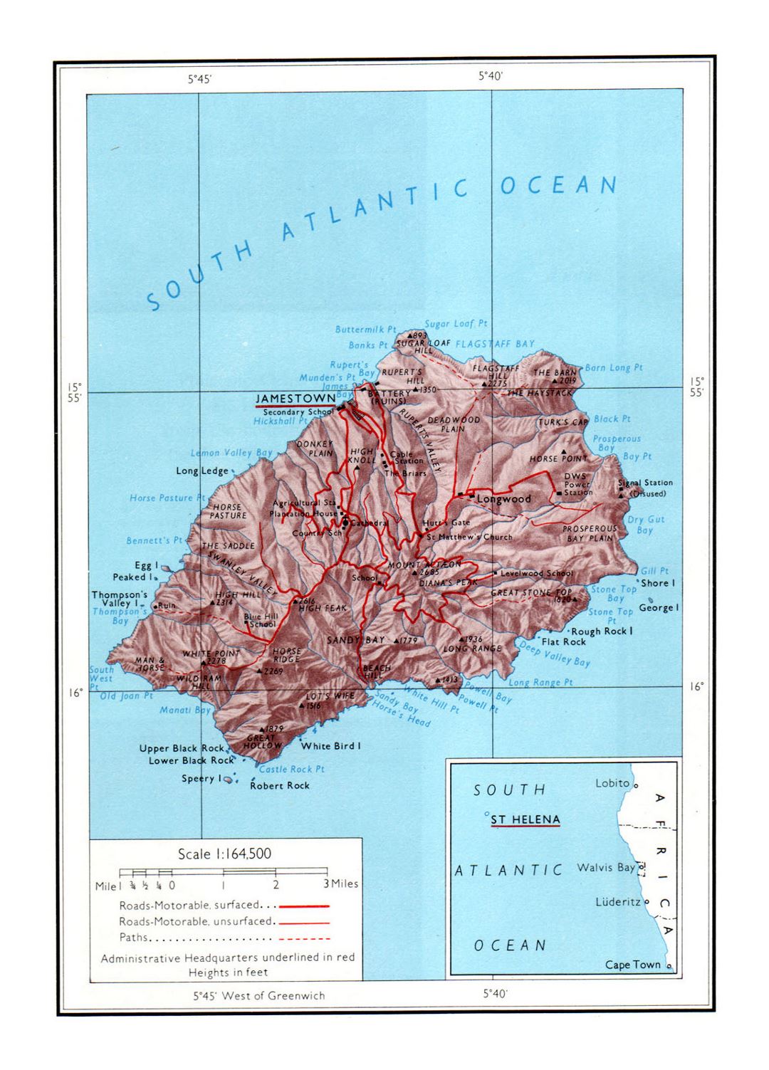 Детальная политическая и административная карта острова Святой Елены с рельефом, дорогами и городами