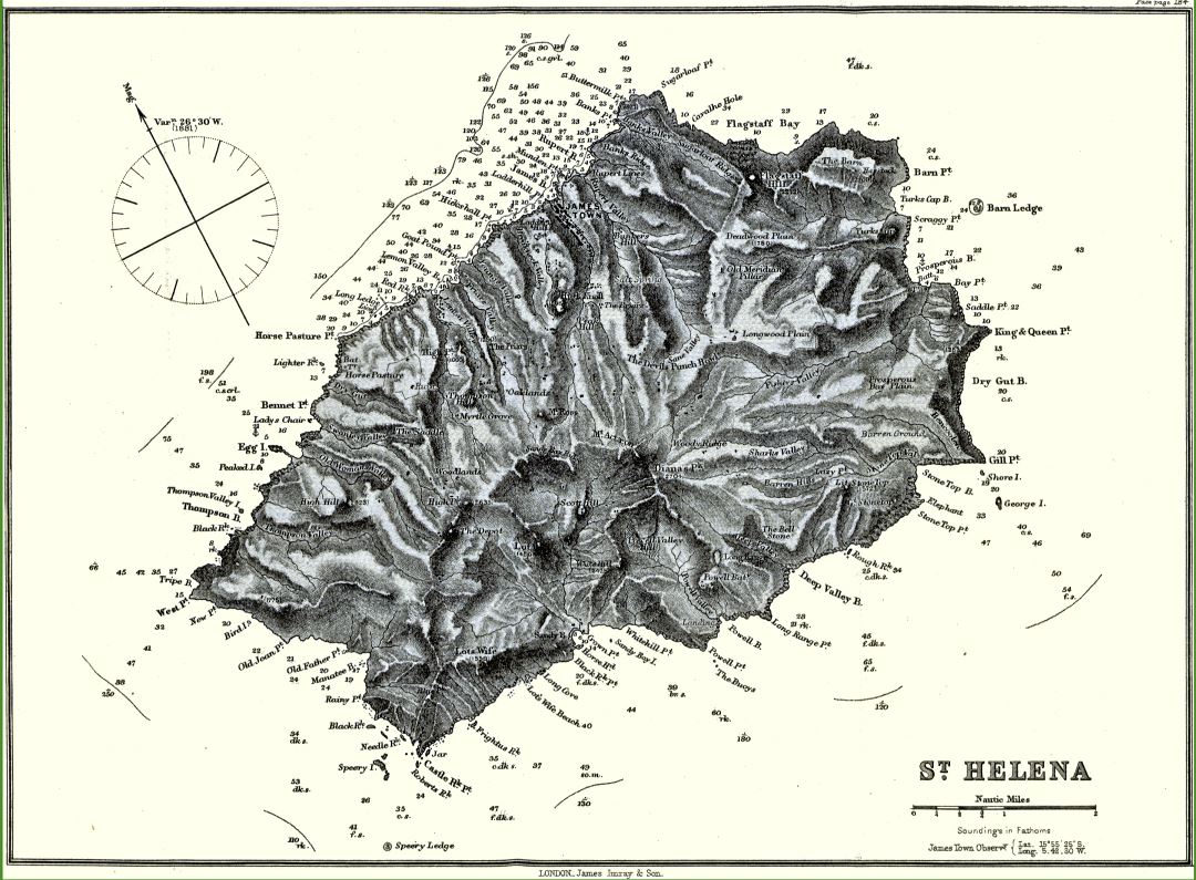 Большая детальная старая топографическая карта острова Святой Елены - 1884