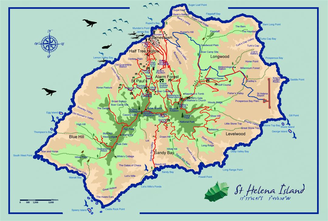 Большая детальная туристическая карта острова Святой Елены