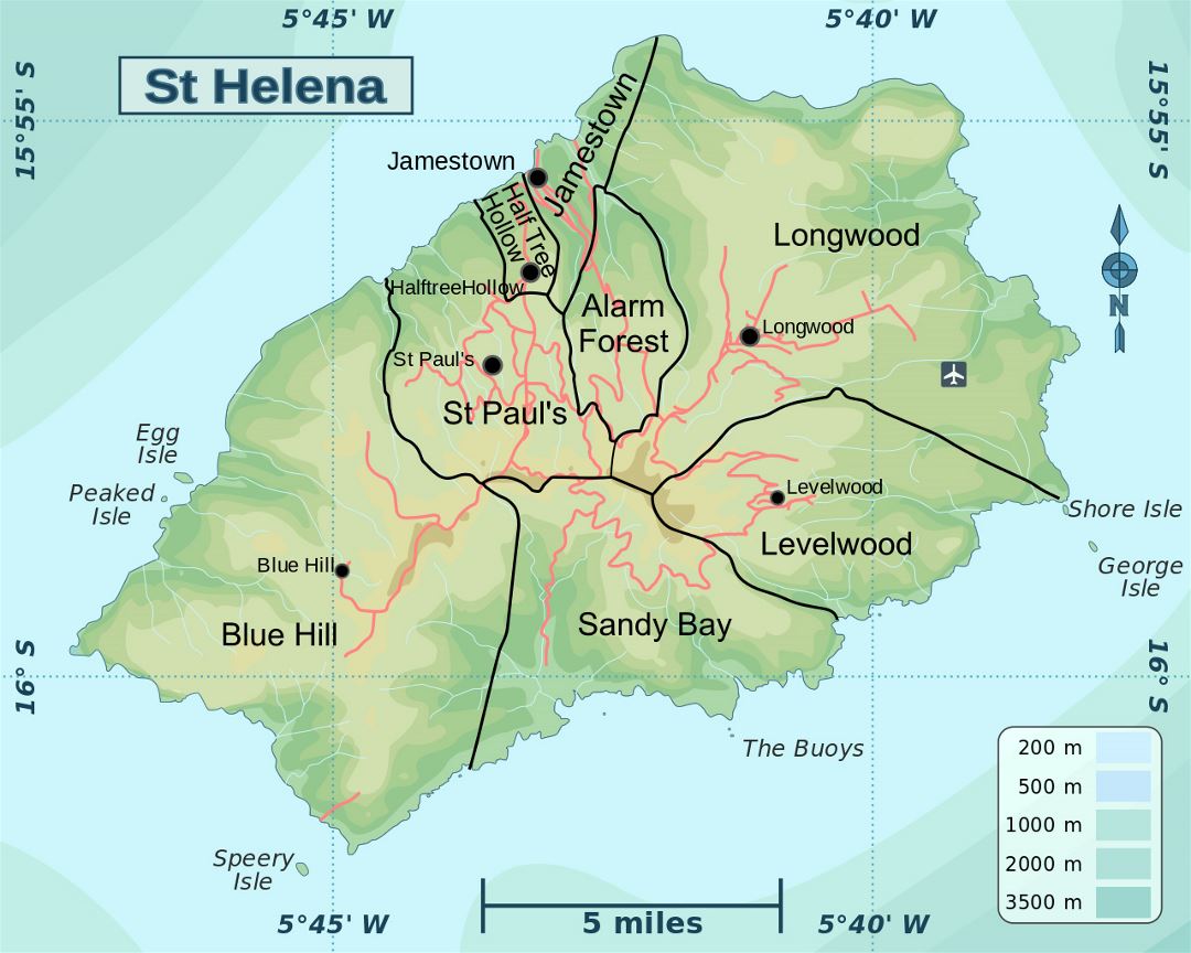Большая карта высоты острова Святой Елены с районами