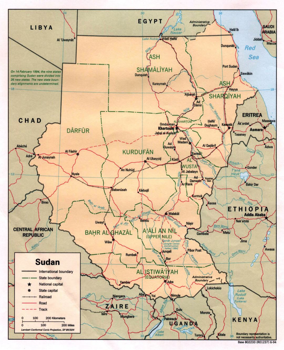 Детальная политическая и административная карта Судана с дорогами, железными дорогами и крупными городами - 1994