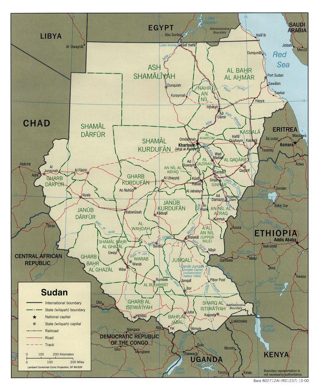 Детальная политическая и административная карта Судана с дорогами, железными дорогами и крупными городами - 2000