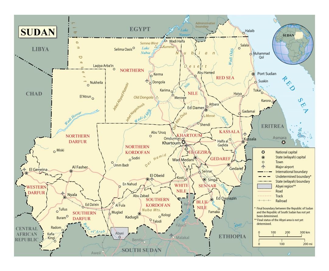 Детальная политическая и административная карта Судана с дорогами, железными дорогами, городами и аэропортами