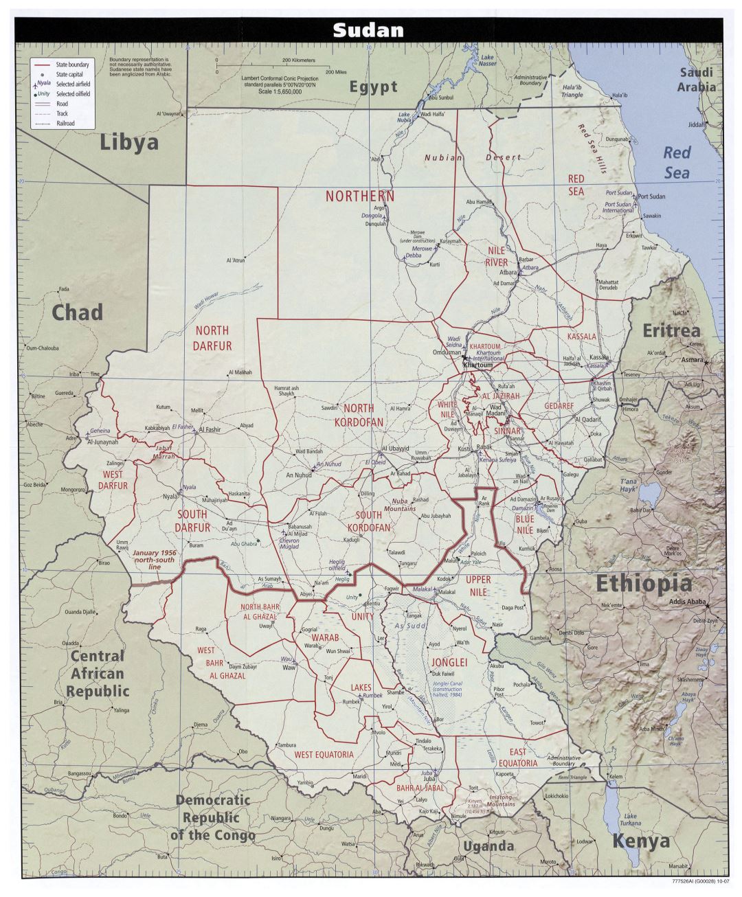 Большая детальная политическая и административная карта Судана с рельефом, дорогами, железными дорогами, городмиа и аэропортами - 2007
