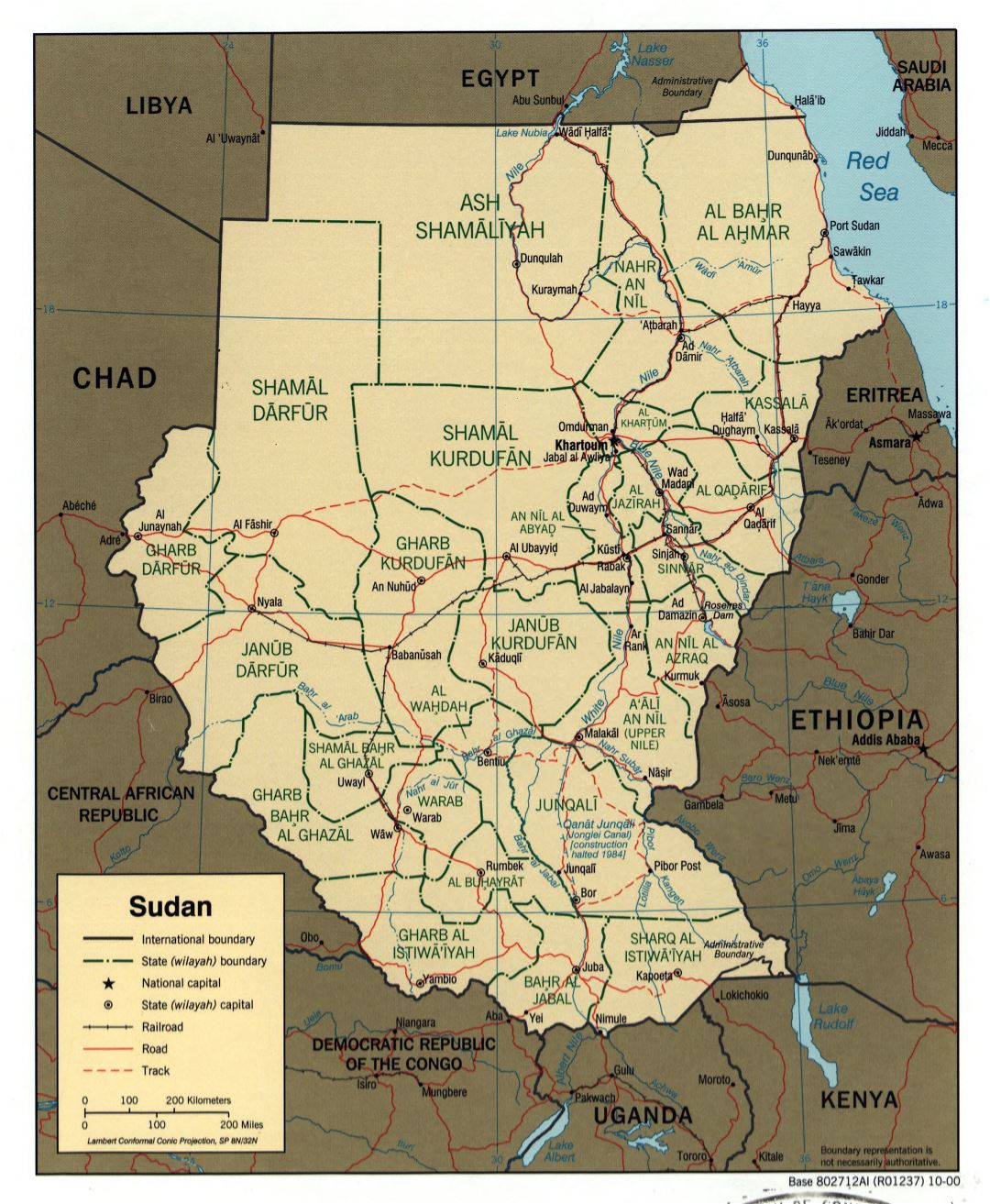 Большая детальная политическая и административная карта Судана с дорогами, железными дорогами и крупными городами - 2000