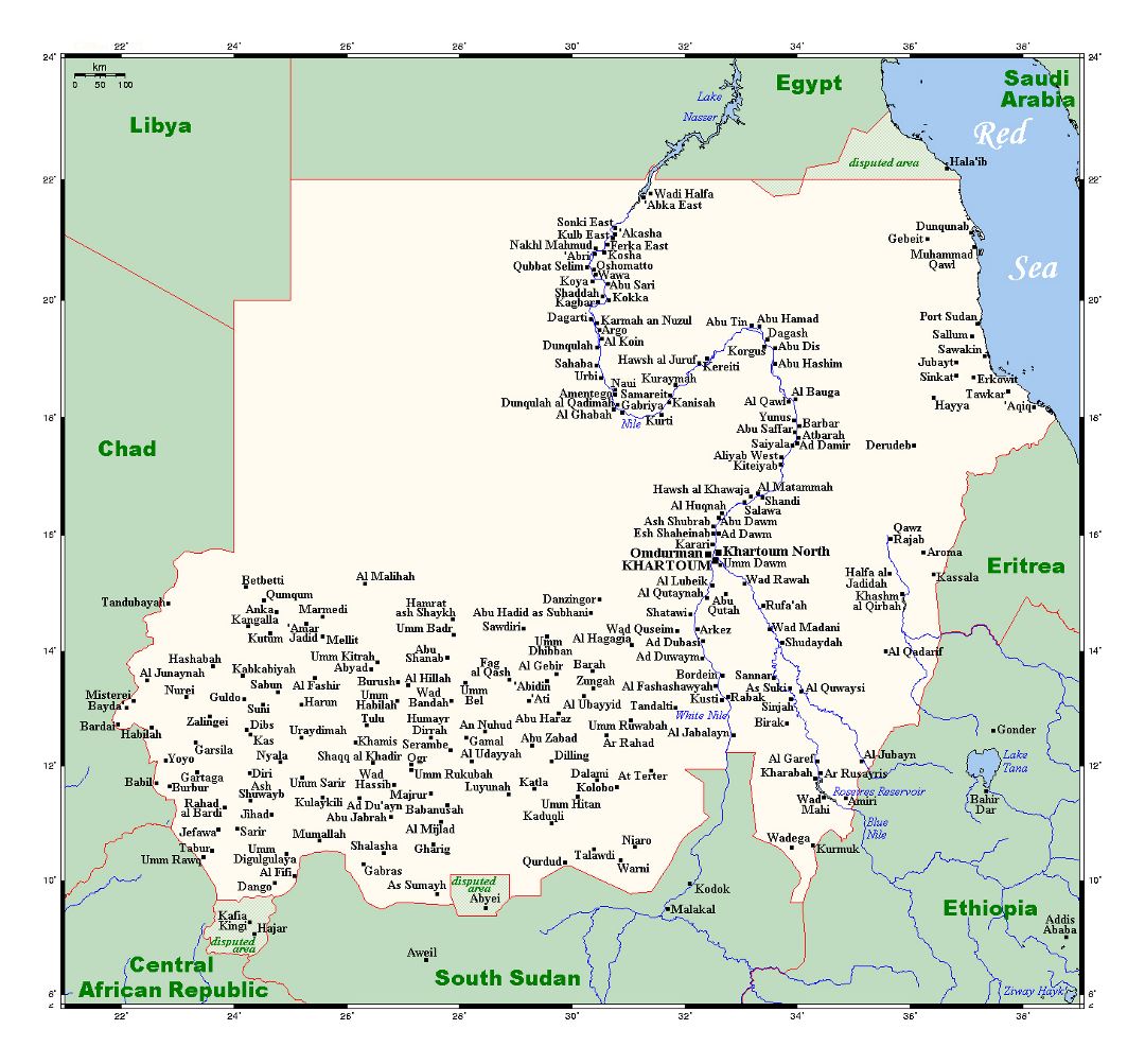 Большая карта Судана со всеми городами