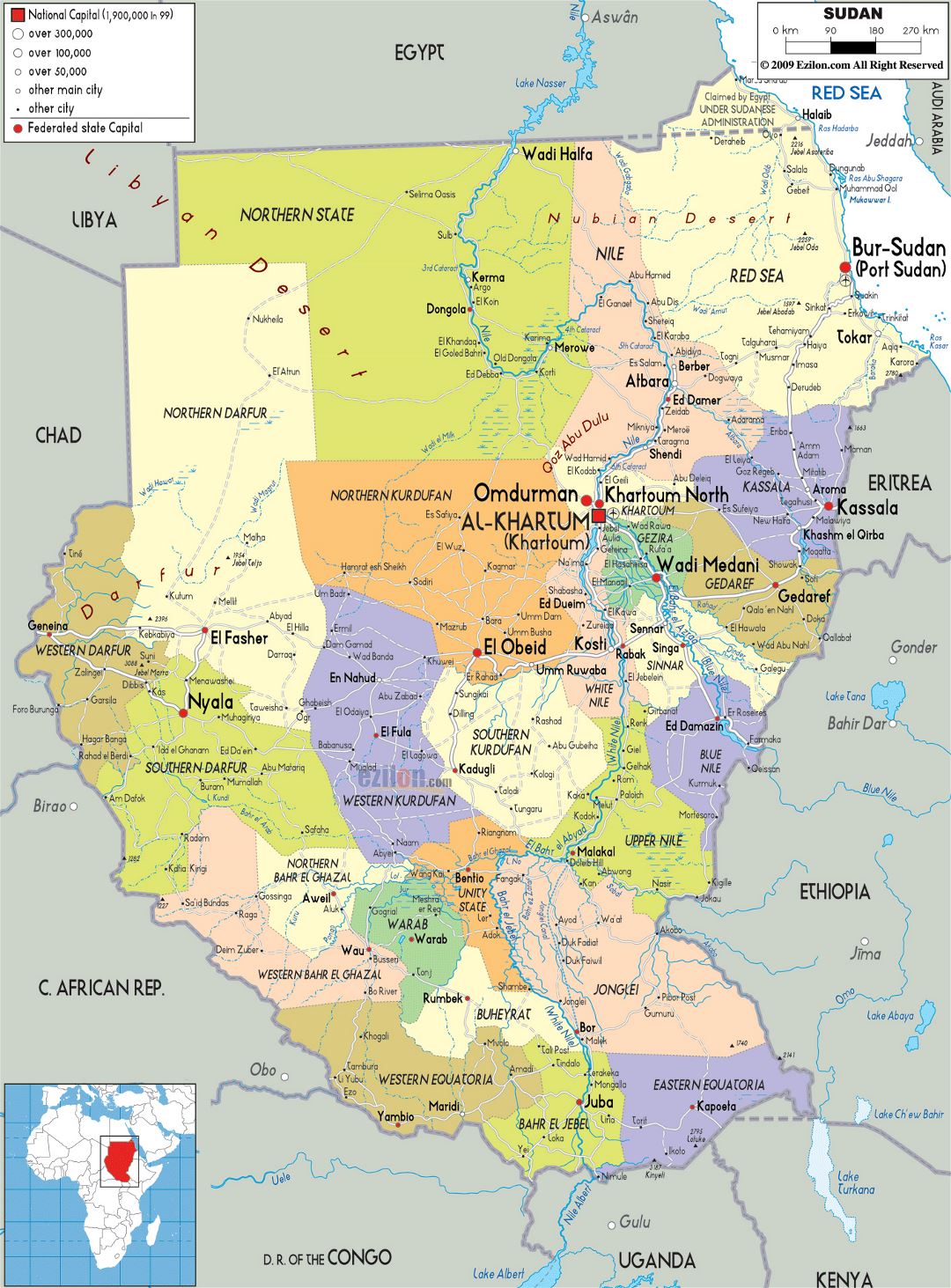 Большая политическая и административная карта Судана с дорогами, городами и аэропортами