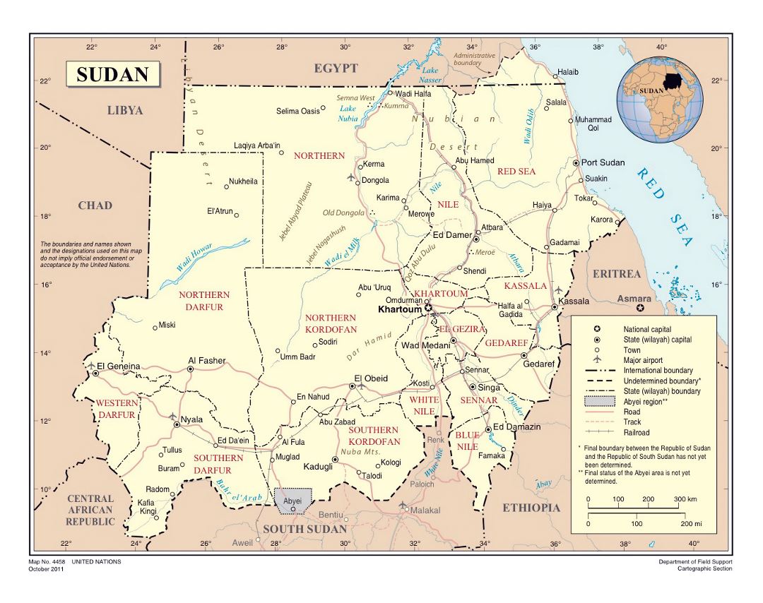 Большая политическая и административная карта Судана с дорогами, железными дорогами, городами и аэропортами