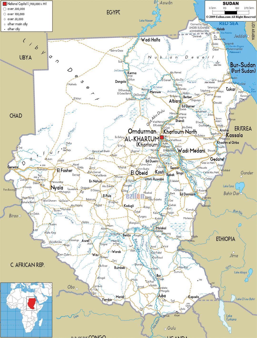 Большая карта дорог Судана с городами и аэропортами