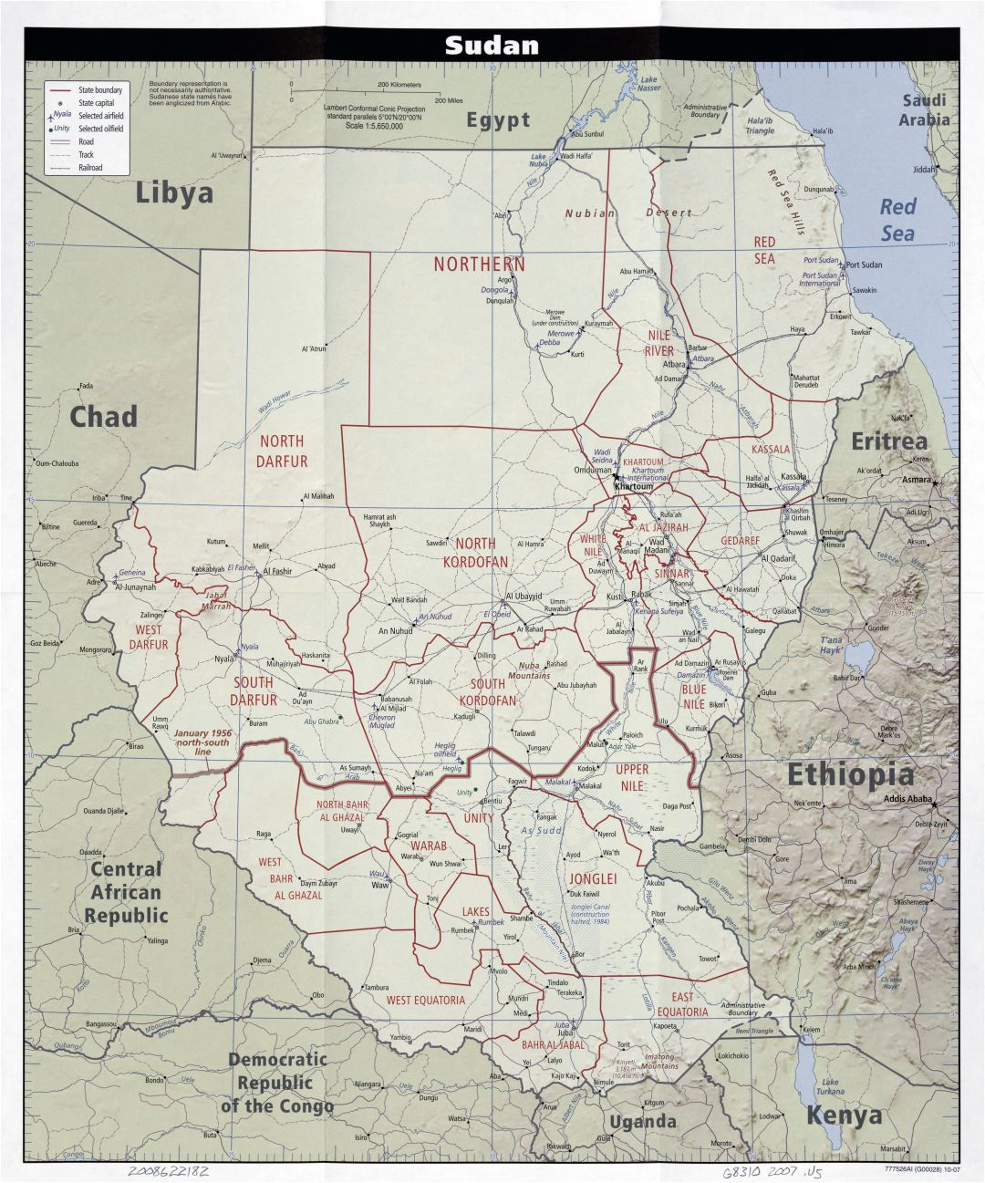 Крупномасштабная политическая и административная карта Судана с рельефом, дорогами, железными дорогами, городами и аэропортами - 2007