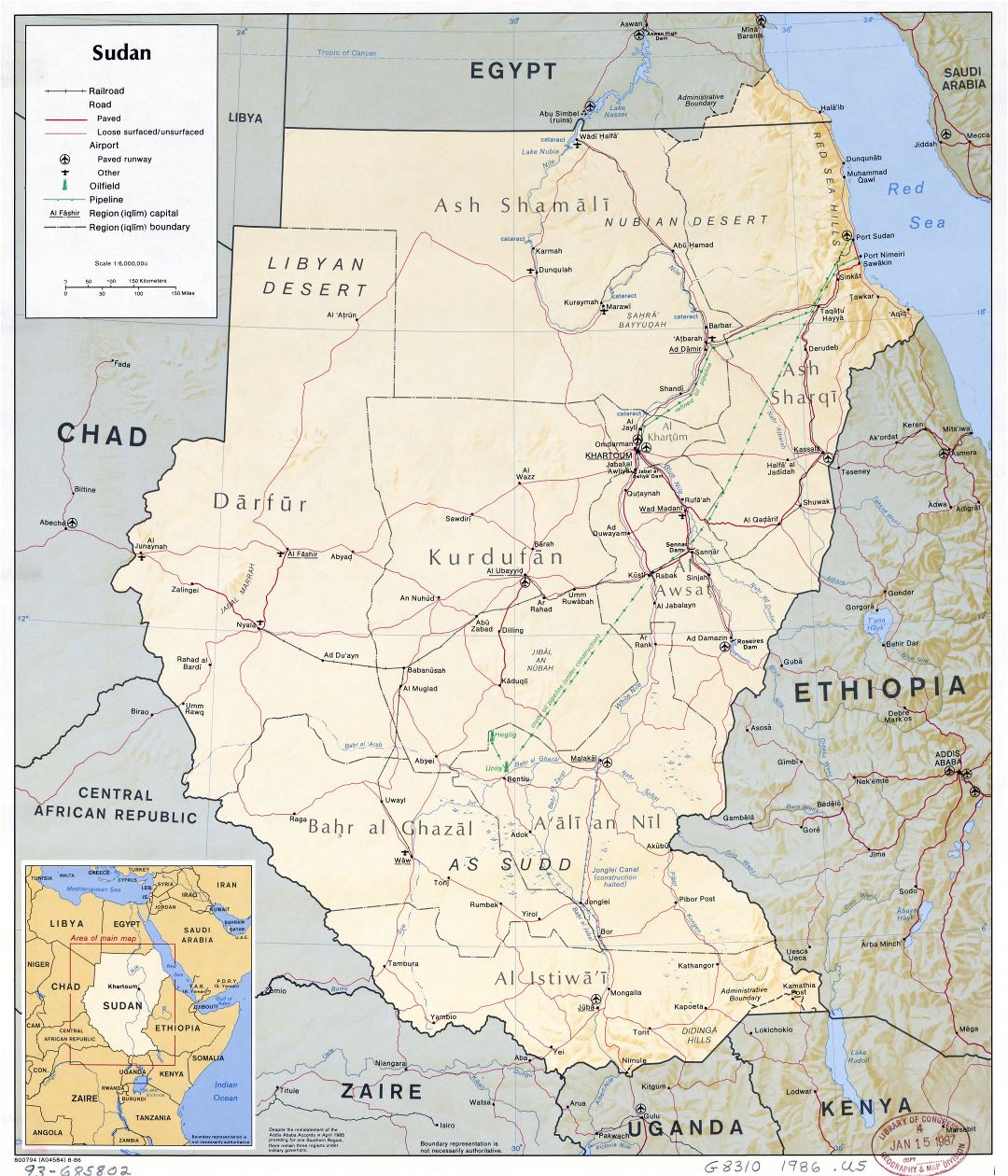 Крупномасштабная политическая карта Судана с рельефом, дорогами, железными дорогами, крупными городами, аэропортами и другими пометками - 1986