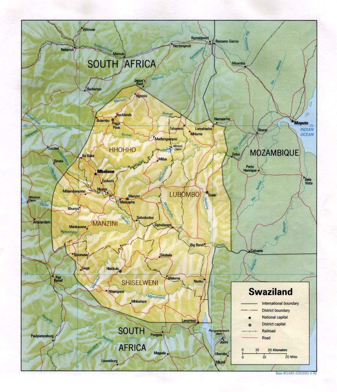 Детальная политическая и административная карта Свазиленда с рельефом, дорогами, железными дорогами и крупными городами - 1990