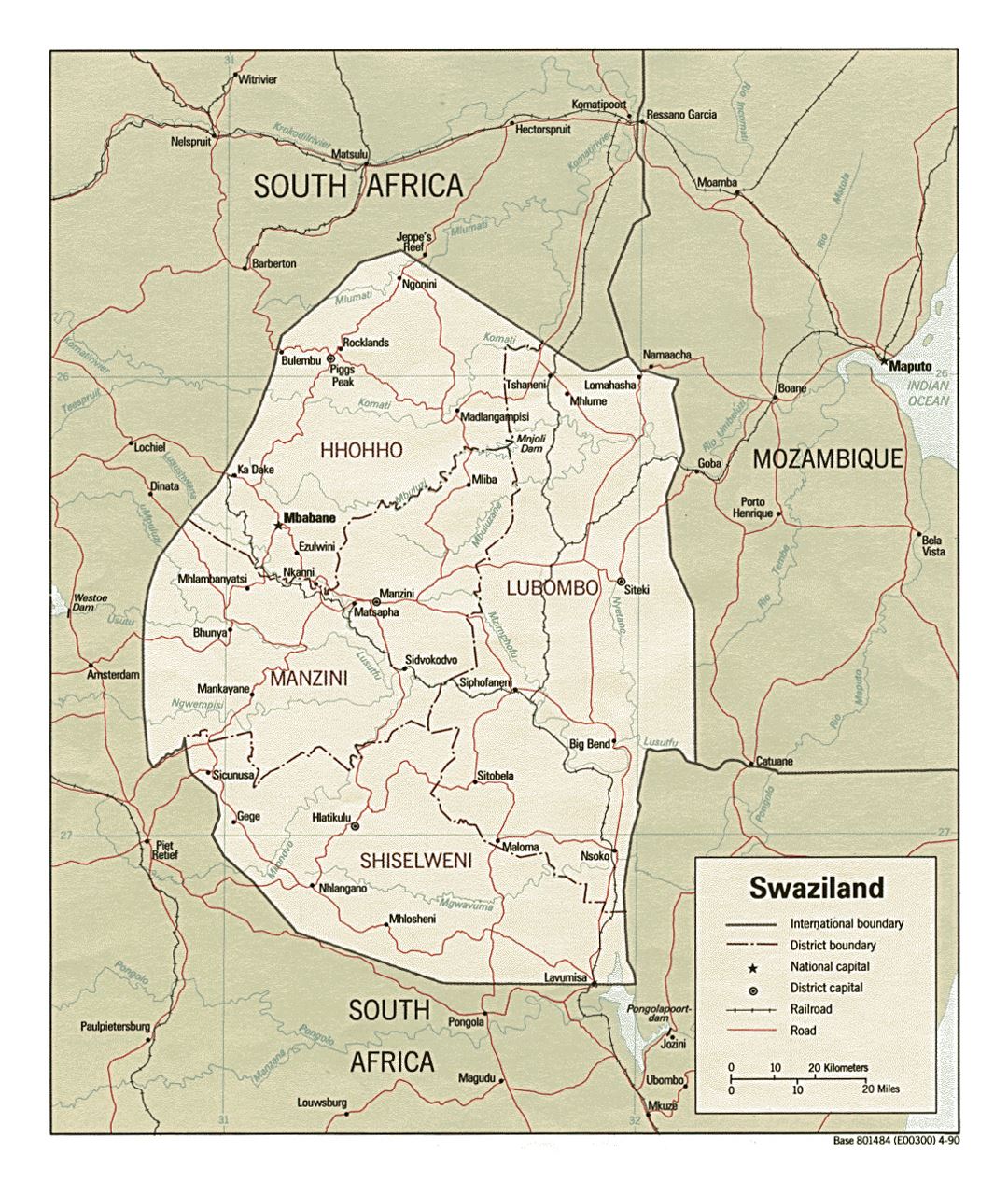 Детальная политическая и административная карта Свазиленда с дорогами, железными дорогами и крупными городами - 1990