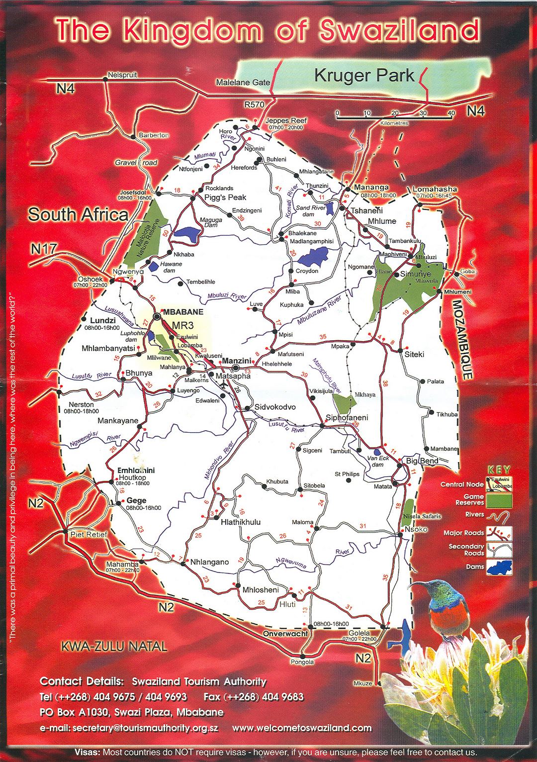 Большая детальная туристическая карта Свазиленда