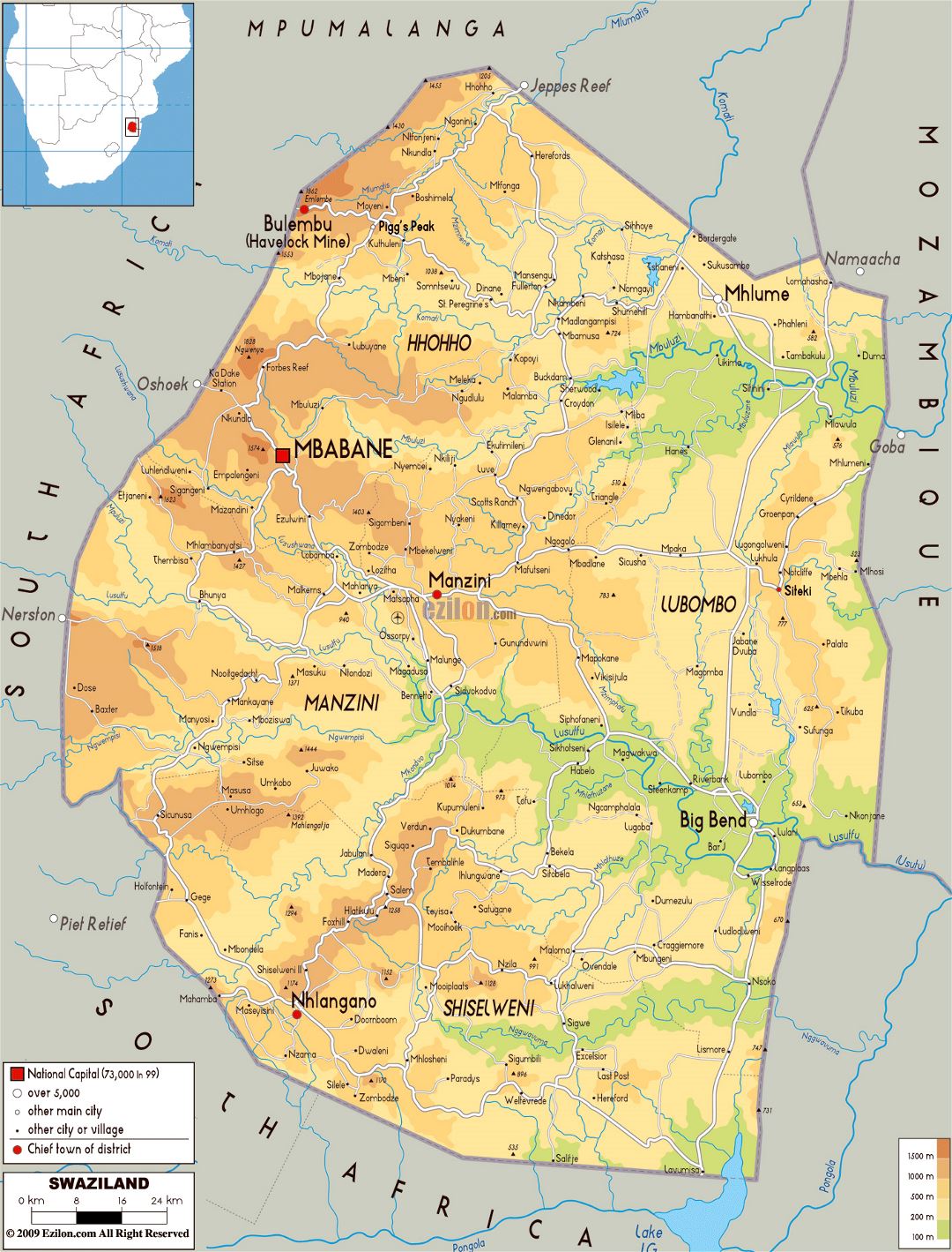 Большая физическая карта Свазиленда с дорогами, городами и аэропортами