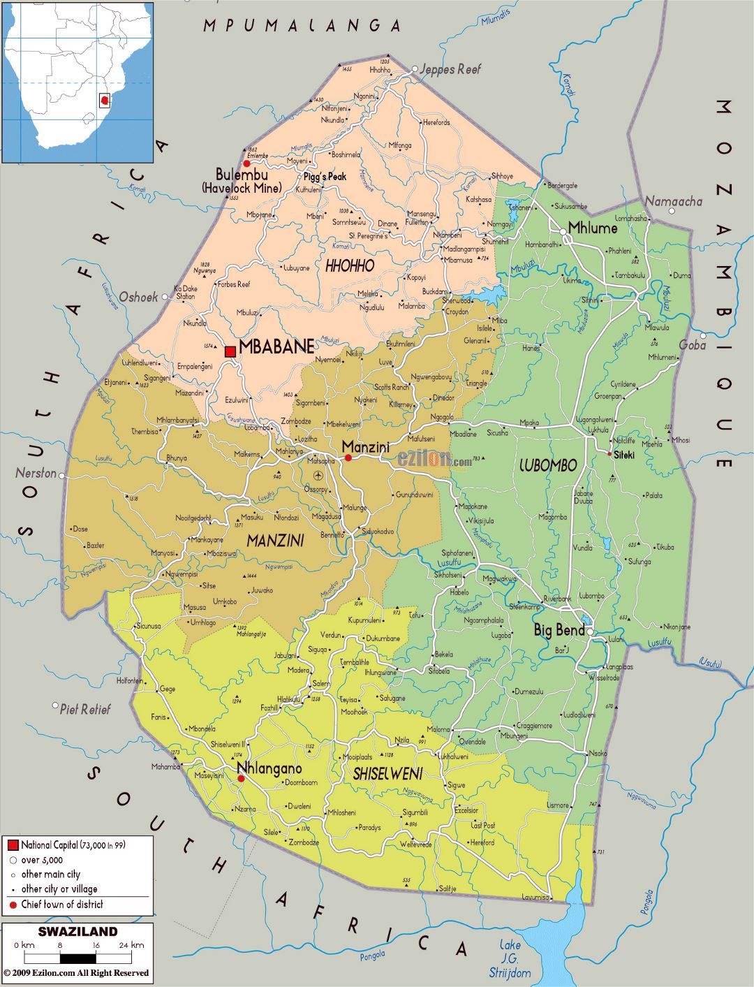 Большая политическая и административная карта Свазиленда с дорогами, городами и аэропортами