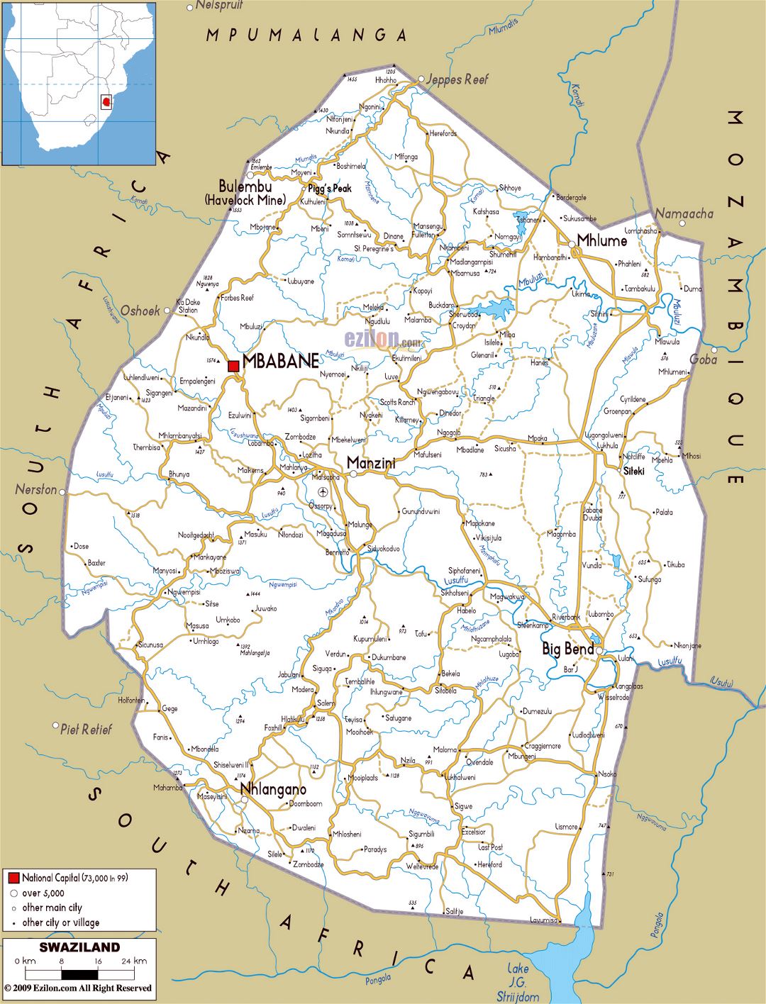 Большая карта дорог Свазиленда с городами и аэропортами