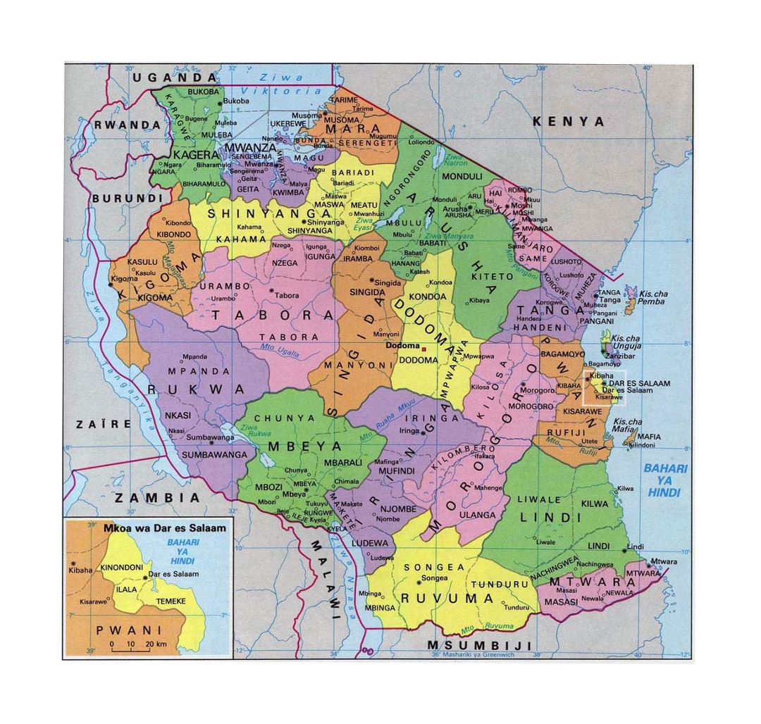 Детальная административная карта Танзании