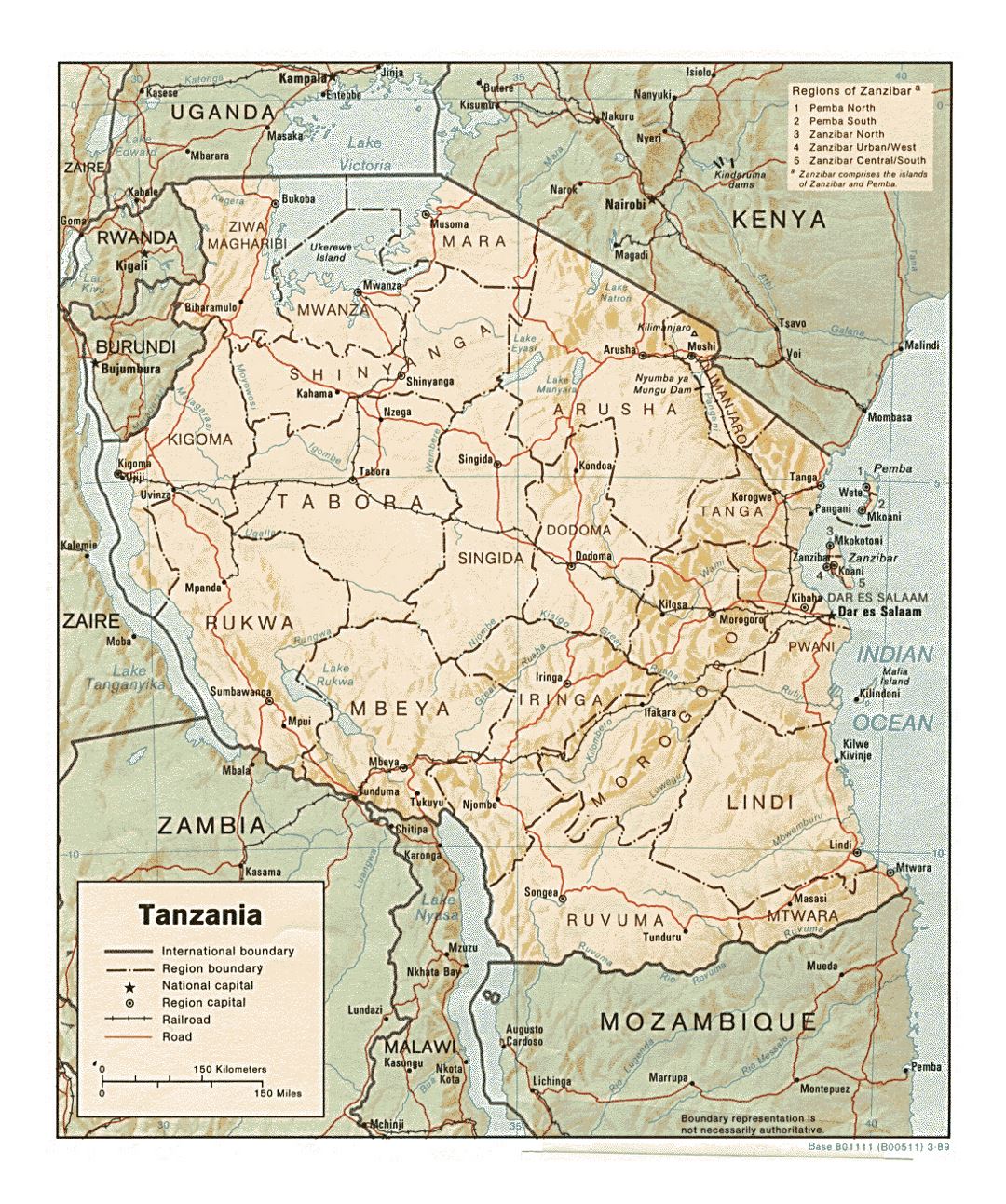 Детальная политическая и административная карта Танзании с рельефом, дорогами, железными дорогами и крупными городами - 1989