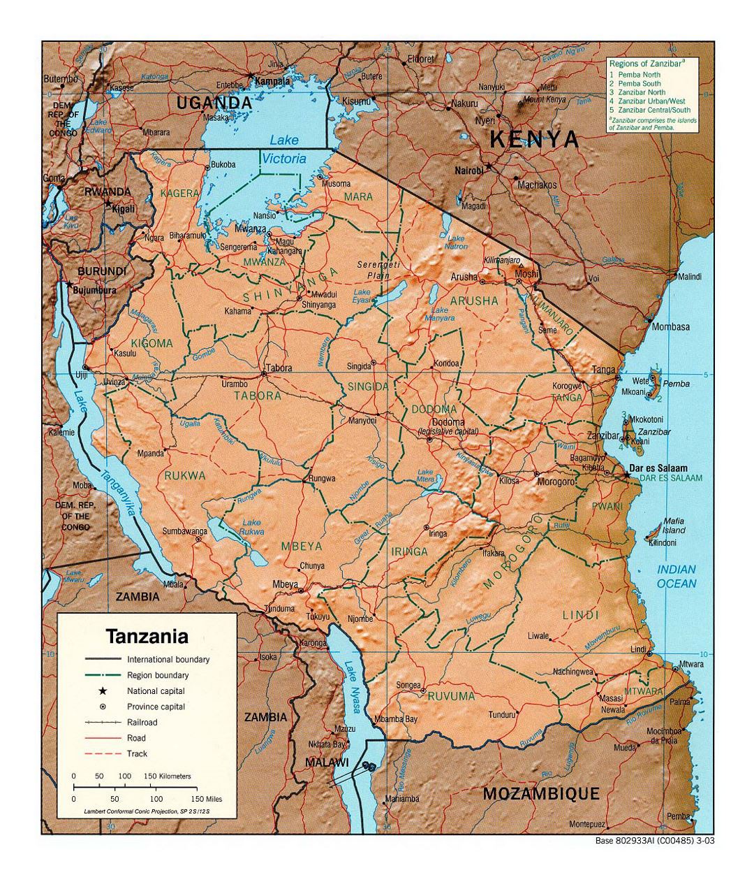 Детальная политическая и административная карта Танзании с рельефом, дорогами, железными дорогами и крупными городами - 2003