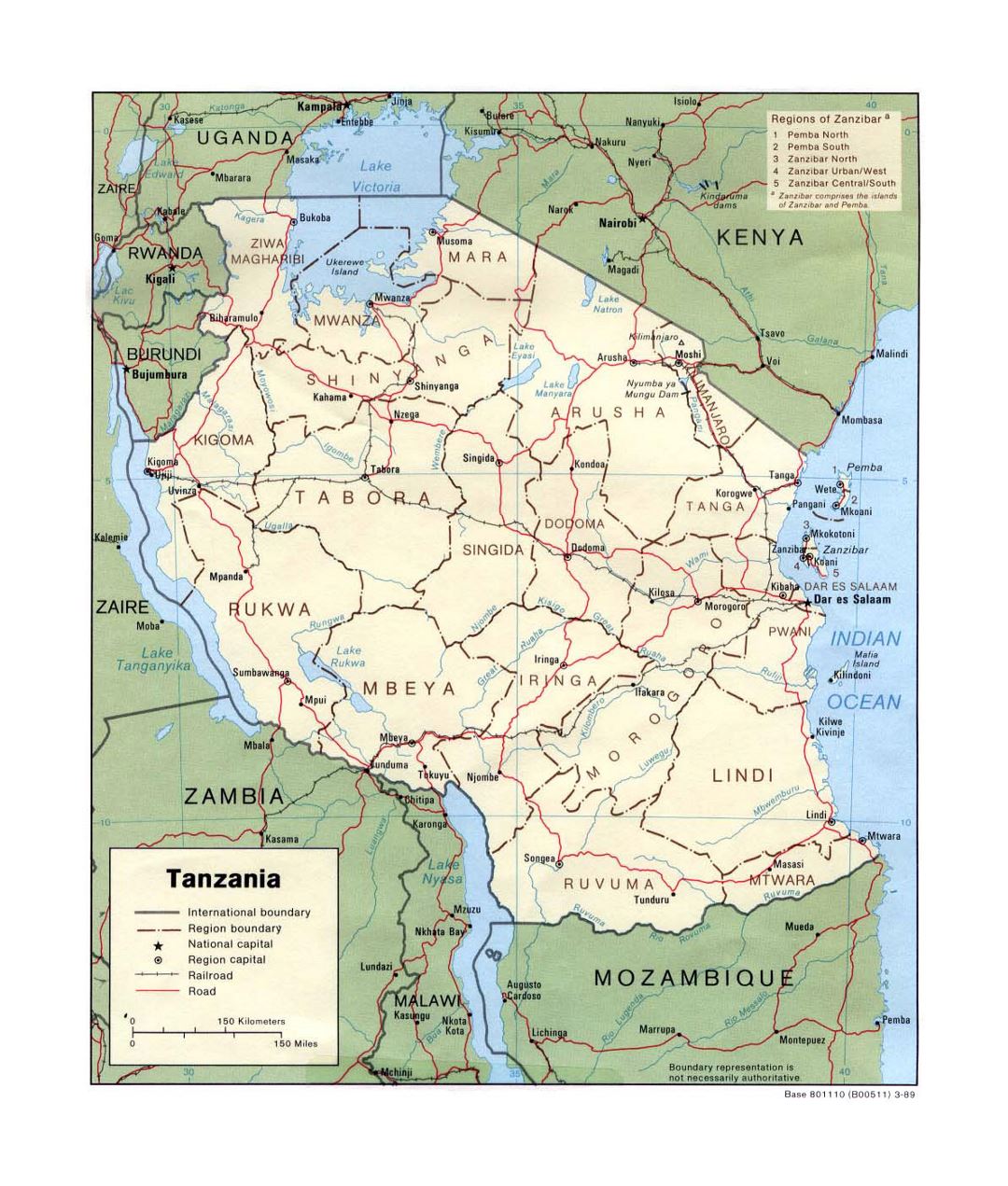 Детальная политическая и административная карта Танзании с дорогами, железными дорогами и крупными городами - 1989