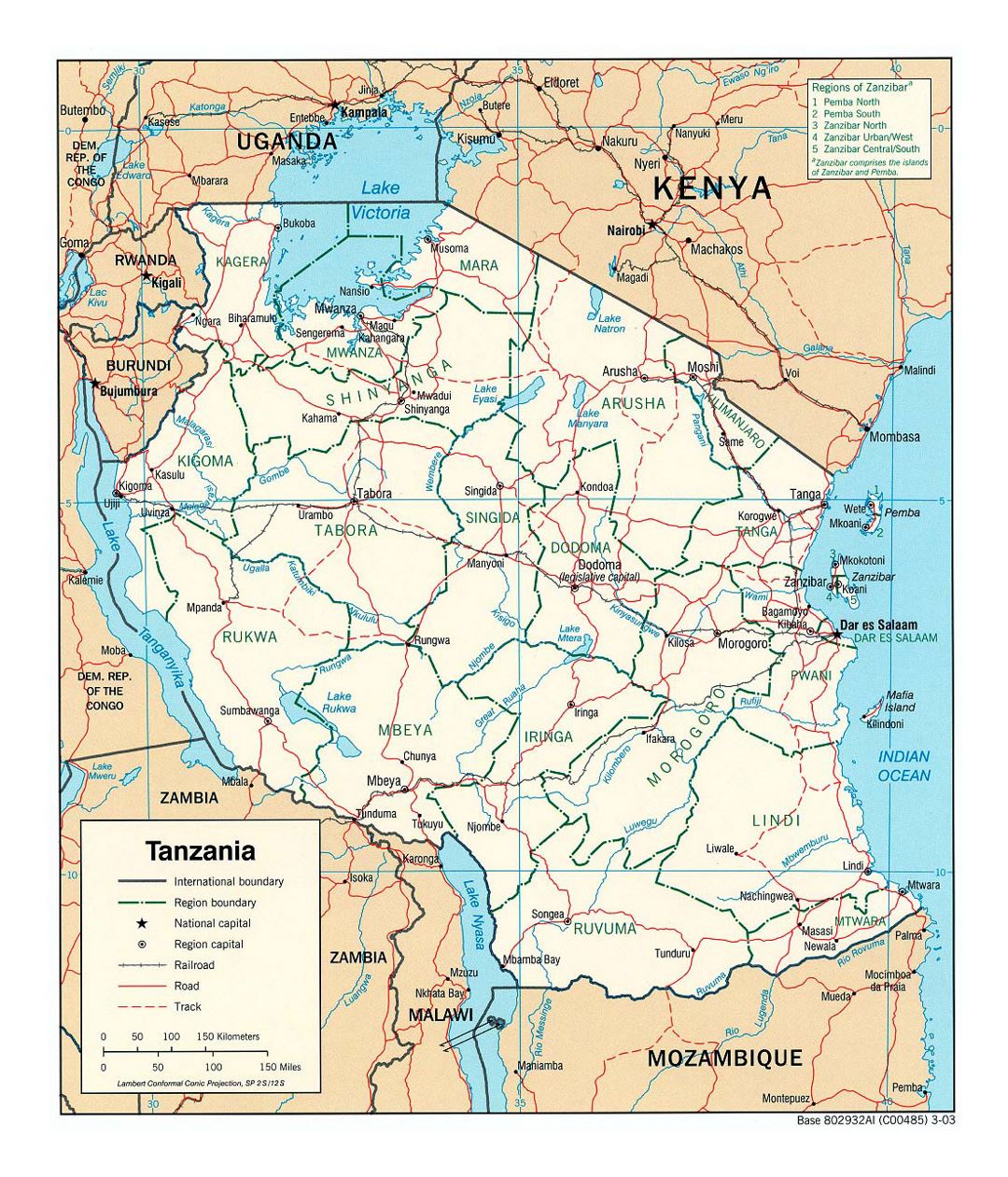 Детальная политическая и административная карта Танзании с дорогами, железными дорогами и крупными городами - 2003