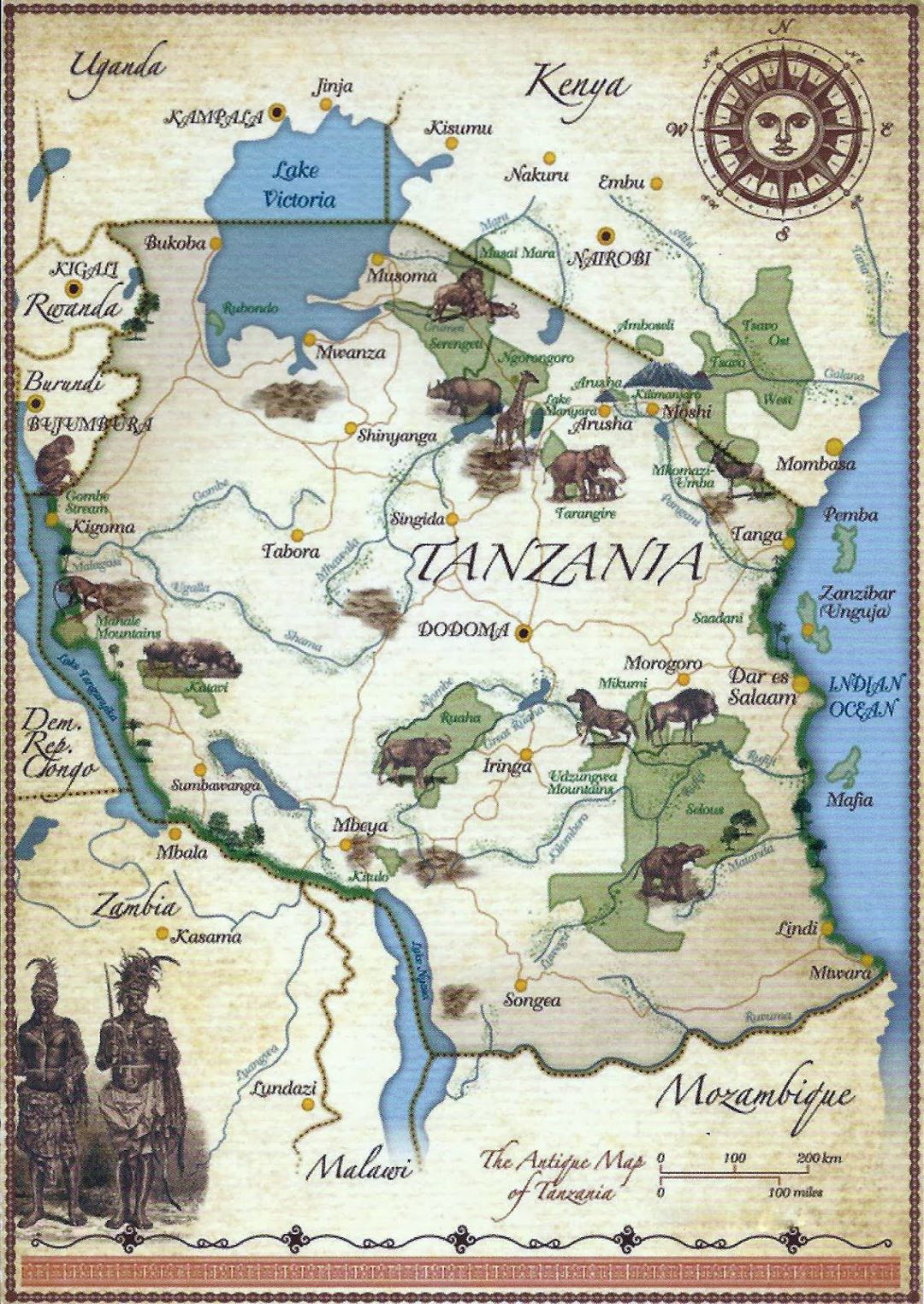 Детальная туристическая иллюстрированная карта Танзании