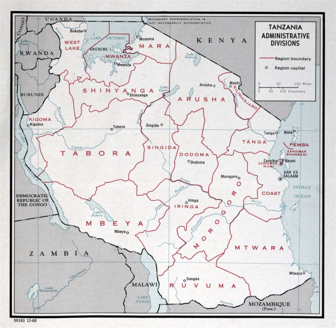 Большая детальная карта административного деления Танзании - 1968