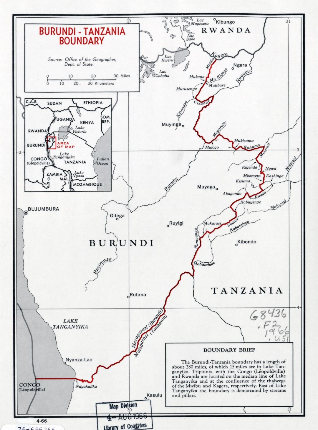 Большая детальная карта границы Бурунда-Танзании - 1966