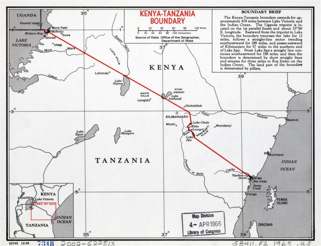 Большая детальная карта границы Кении-Танзании - 1965