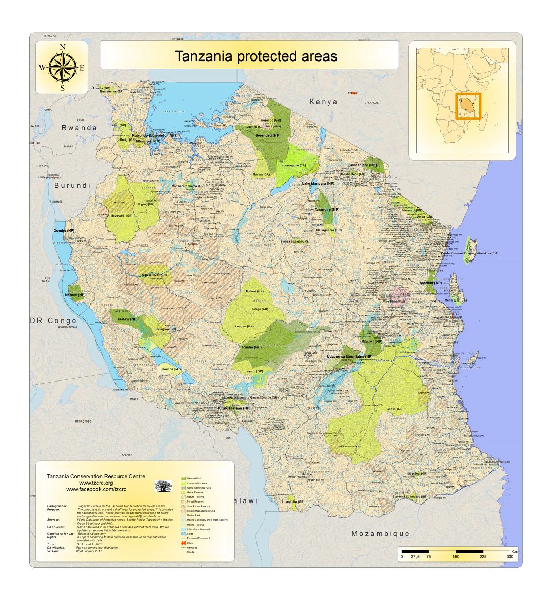 Большая детальная карта охраняемых районов Танзании - 2010