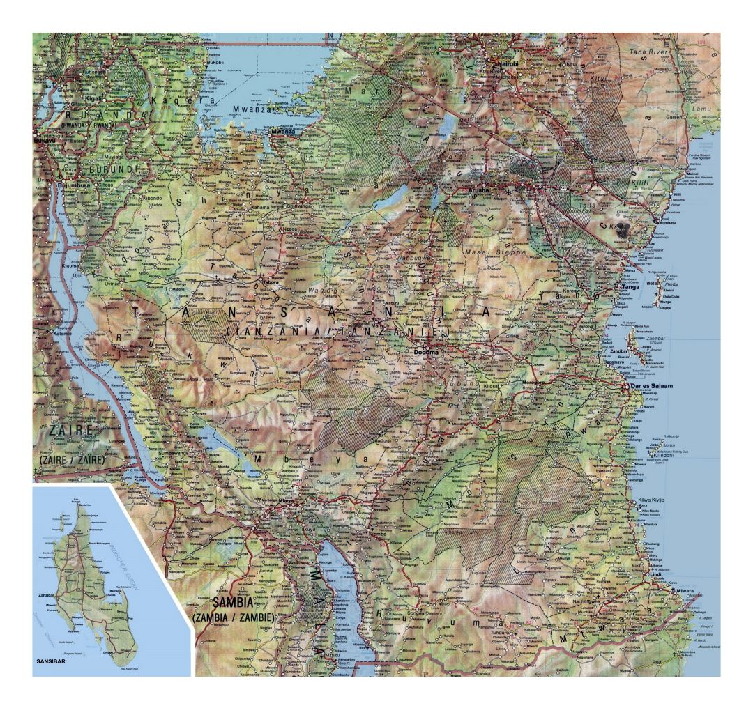 Большая детальная карта Танзании с рельефом, дорогами, городами, национальными парками, аэропортами и другими пометками