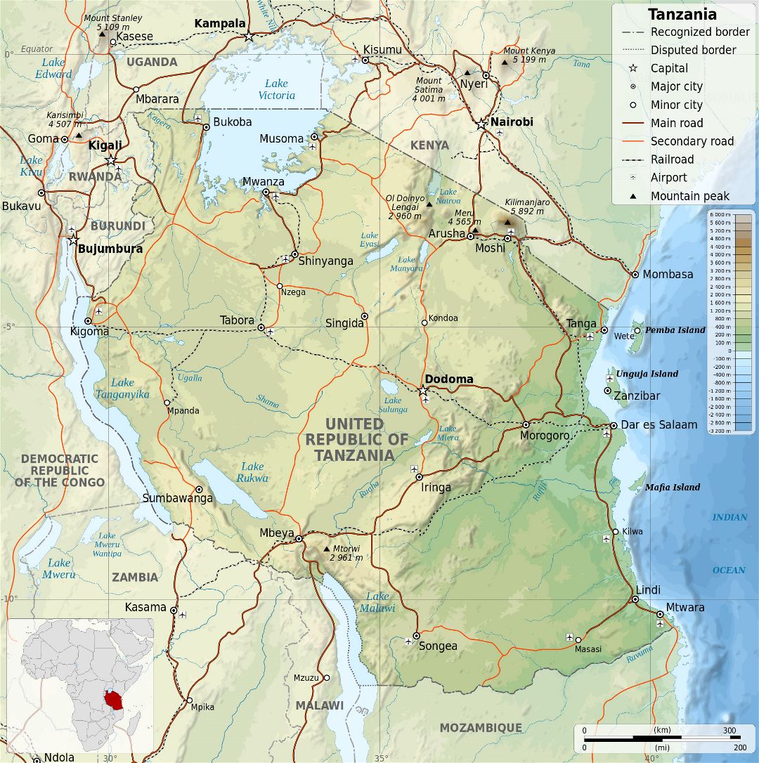 Большая детальная физическая карта Танзании