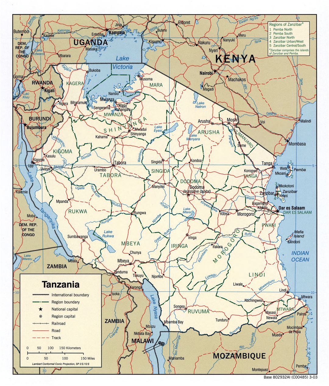 Большая детальная политическая и административная карта Танзании с дорогами, железными дорогами и крупными городами - 2003
