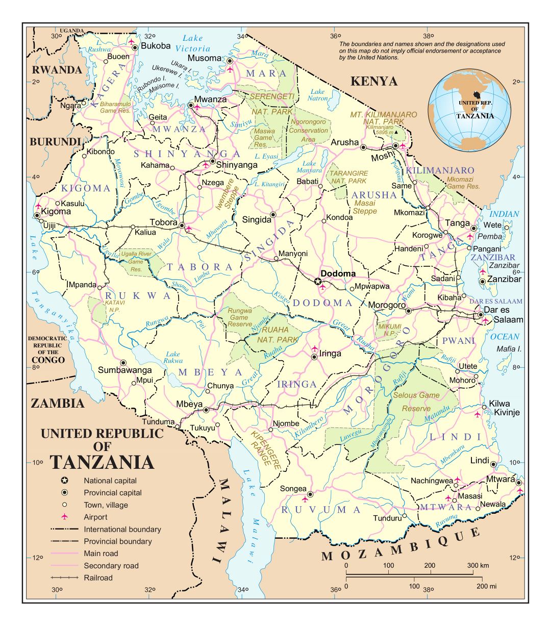 Большая детальная политическая и административная карта Танзании с дорогами, железными дорогами, городами, национальными парками и аэропортами