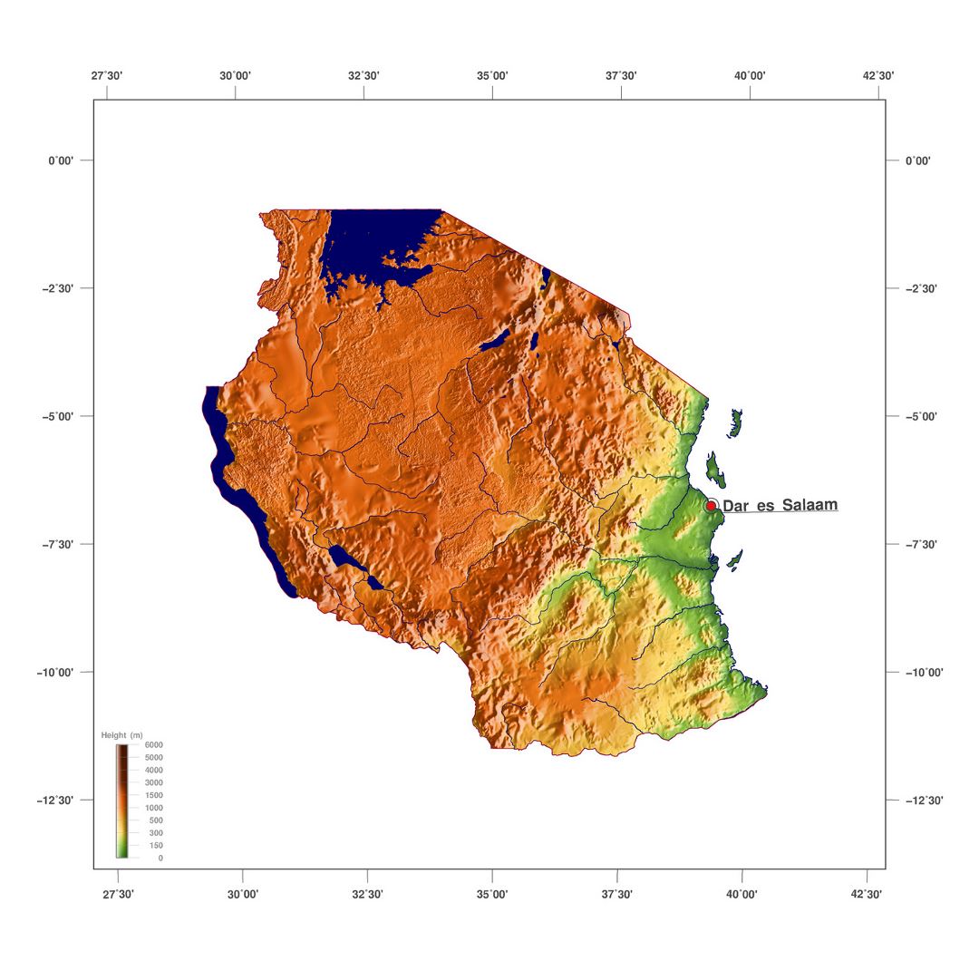 Большая карта высот Танзании