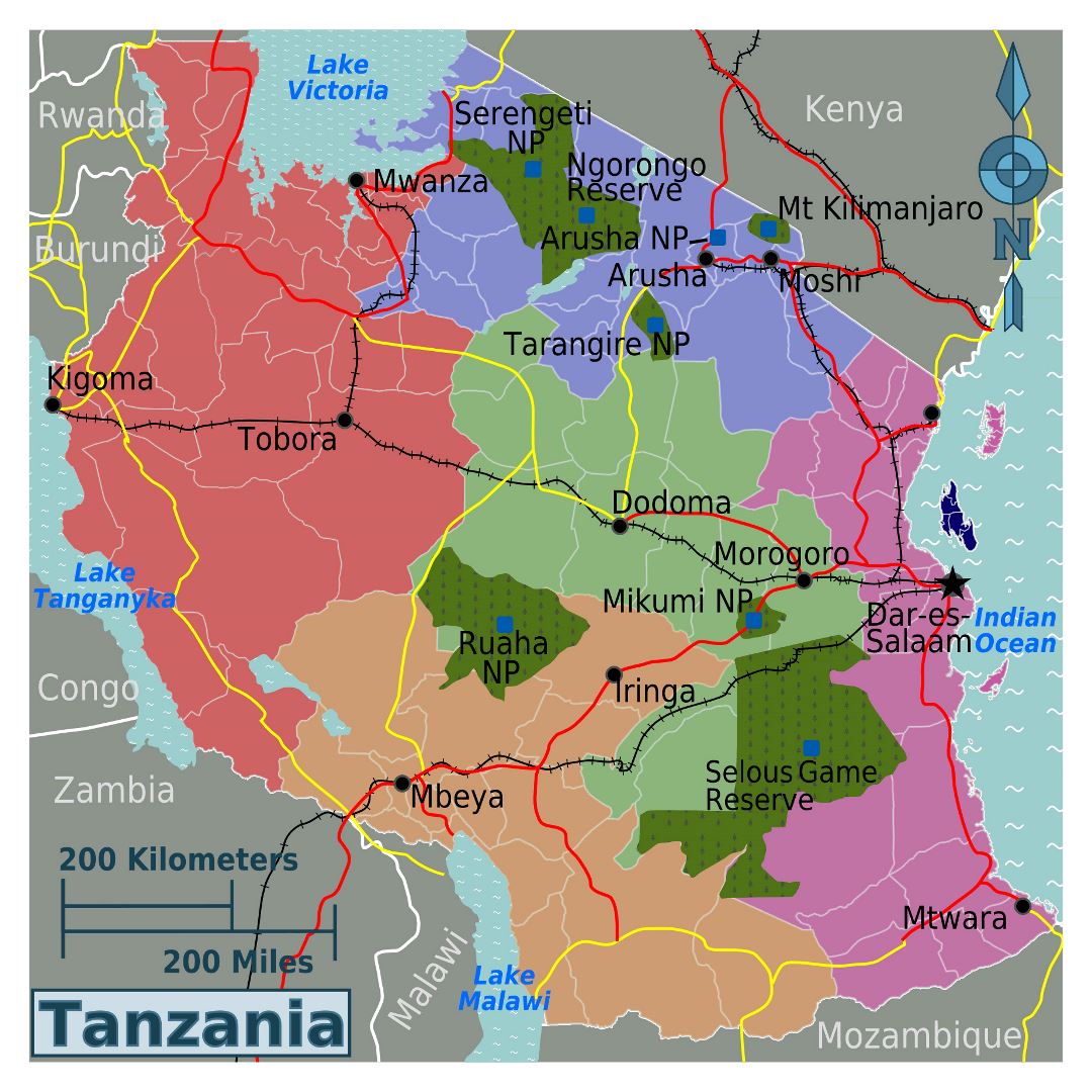 Большая карта регионов Танзании