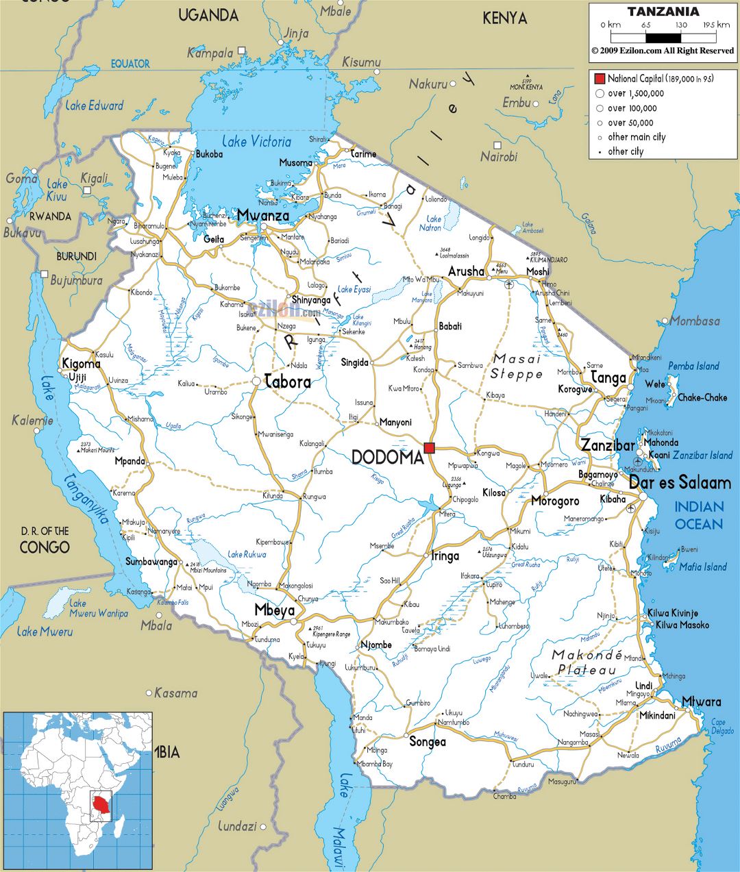 Большая карта дорог Танзании с городами и аэропортами